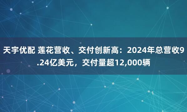 天宇优配 莲花营收、交付创新高：2024年总营收9.24亿美元，交付量超12,000辆